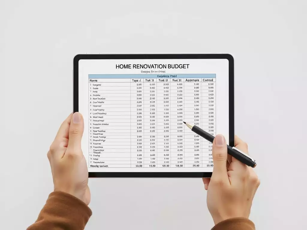 Detailed home renovation budget spreadsheet on a tablet, with hands holding a pen, clean image, no text, no words, no typography