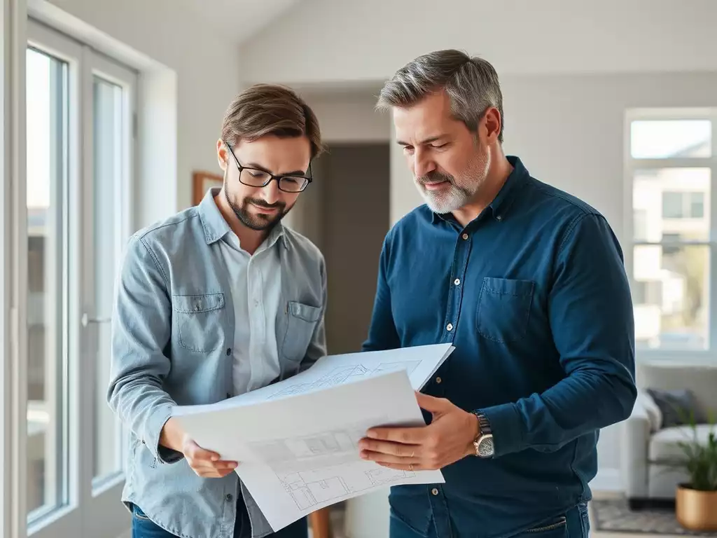 Architect and homeowner reviewing home renovation plans on a tablet, collaborative discussion