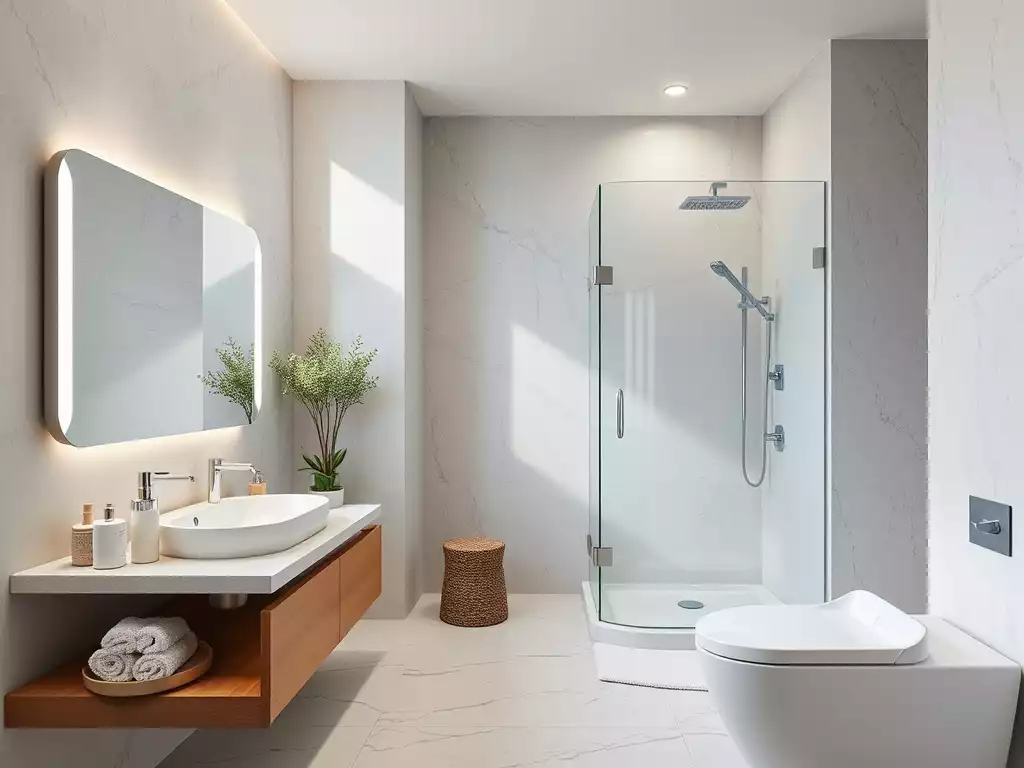 Modern bathroom with sleek design elements, focusing on aesthetics and functionality