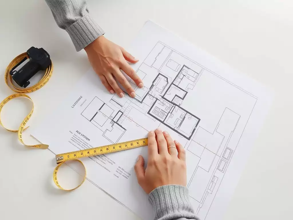 Architectural blueprints and a measuring tape on a clean white desk, with a person's hands pointing at a specific section, clean image, no text, no words, no typography