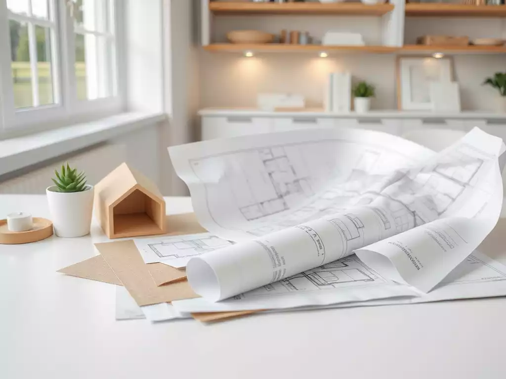 Architectural drawings and material samples on a clean desk, representing staged planning for home remodeling