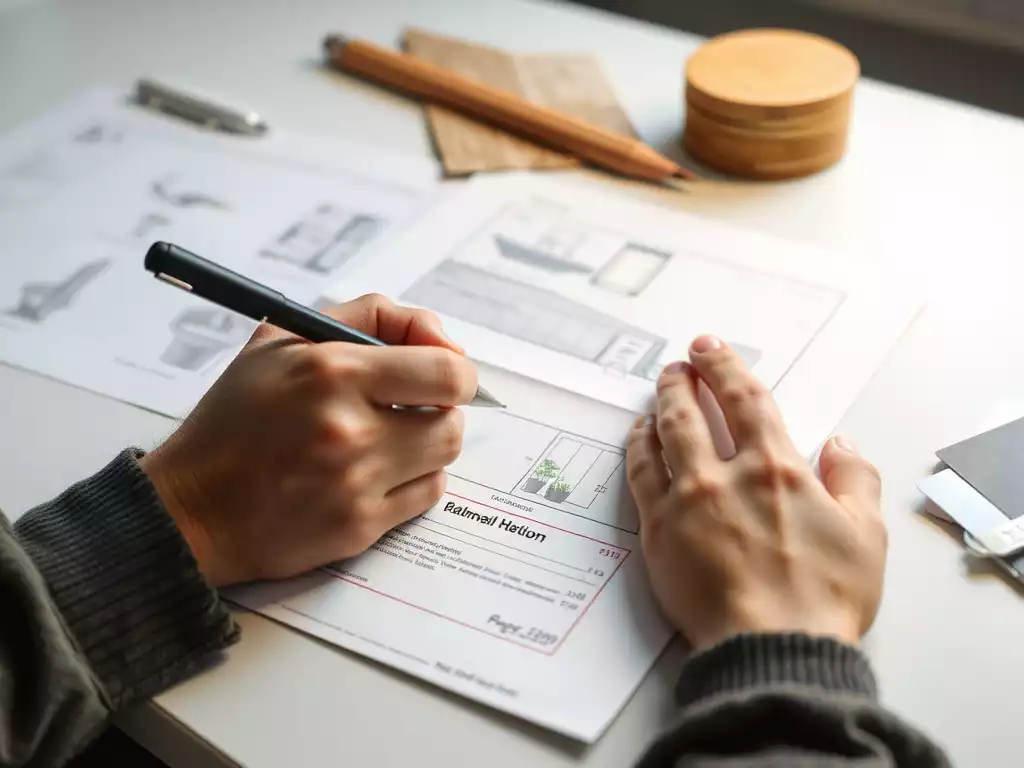 Close-up of a person's hand writing notes on a bathroom remodeling plan, with design sketches and material samples visible
