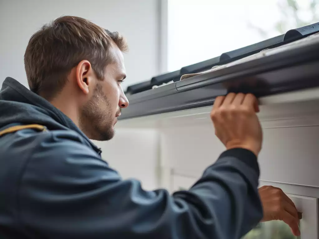 Person performing home maintenance tasks, like cleaning gutters or inspecting windows