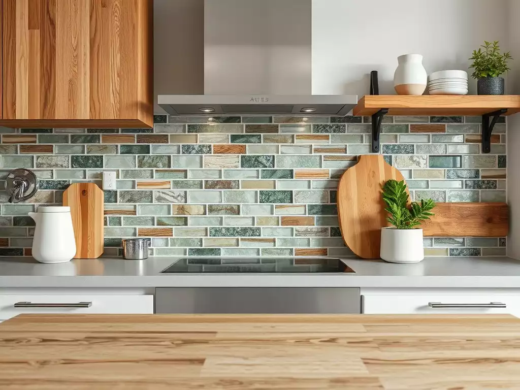 Close-up of eco-friendly kitchen materials like bamboo countertops and recycled glass backsplash