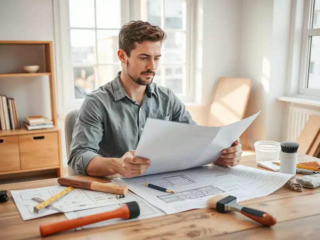 Person evaluating blueprints and tools, contemplating DIY vs professional renovation
