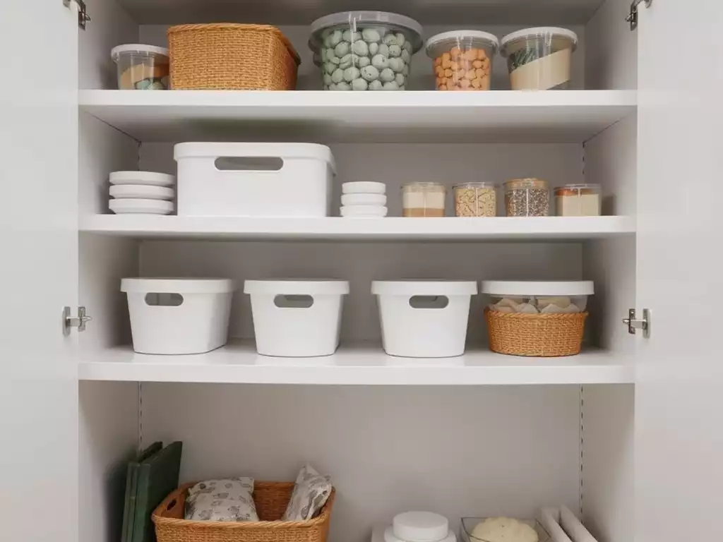 Person organizing items on a shelf with smart storage solutions, clean and functional design, no text, no words, no typography, clean image