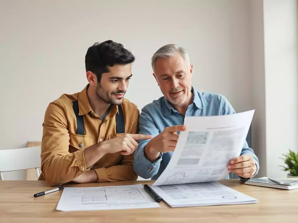 Contractor and homeowner reviewing remodeling plans and quotes together, pointing at a blueprint