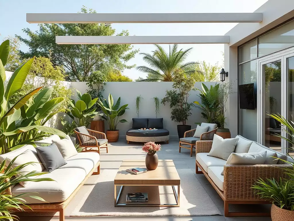 Modern outdoor living space with comfortable furniture and lush landscaping