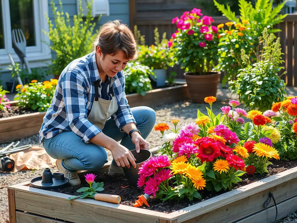 Homeowner planting flowers in a garden bed with gardening tools