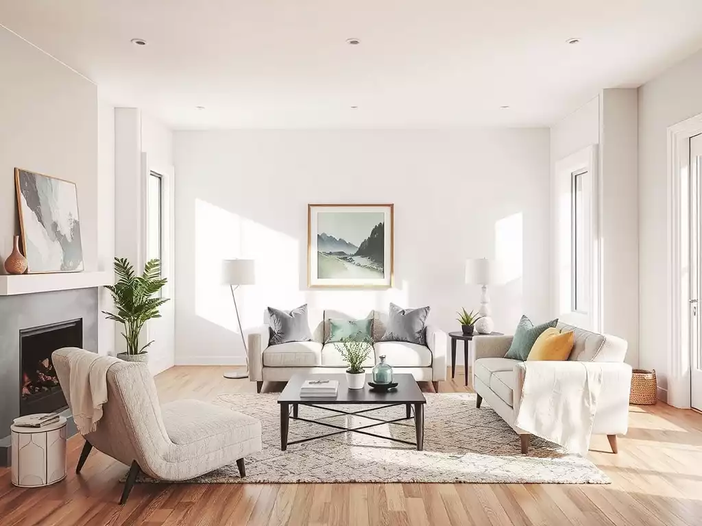 Modern living room with refreshed paint and new decorative elements, bright and inviting, no text, no words, no typography, clean image