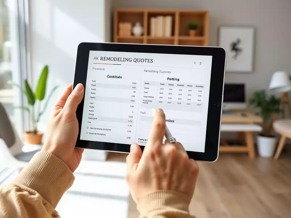 Person comparing multiple remodeling quotes on a tablet, highlighting different sections with a pen