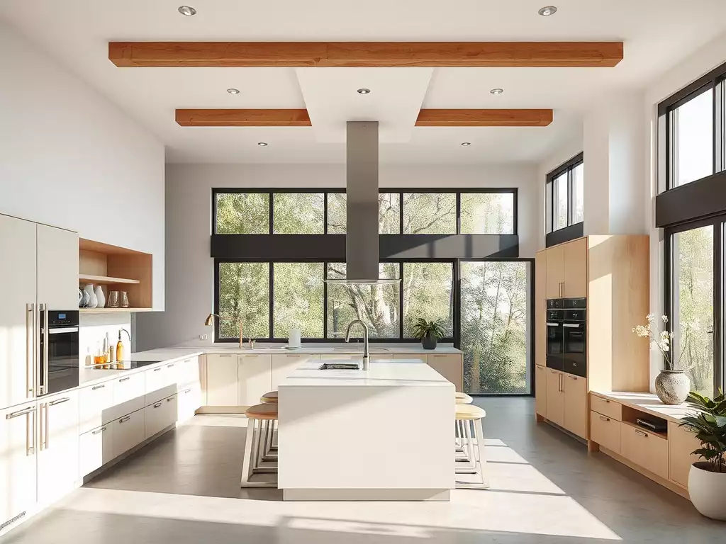 Modern kitchen with open-concept layout, natural light, and smart appliances
