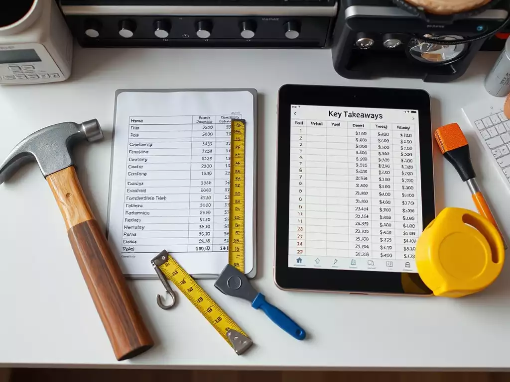 Home renovation tools and a budget spreadsheet on a desk, representing key takeaways and planning