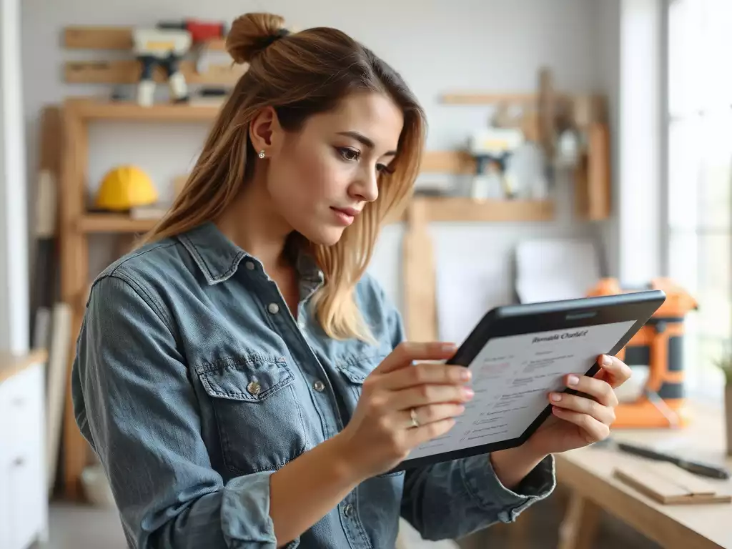 Homeowner reviewing a remodeling checklist on a tablet, with construction tools blurred in the background
