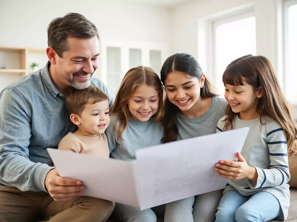 Family reviewing renovation plans on a tablet, happy and engaged