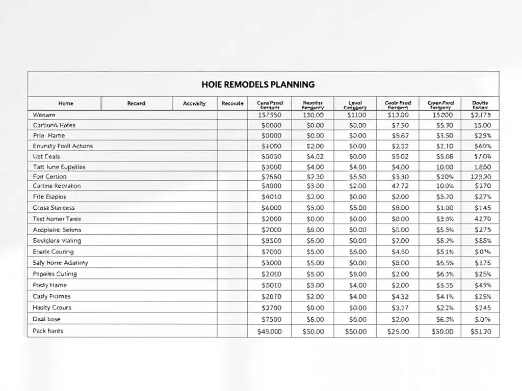 Detailed table showing home remodeling budget planning with various categories and costs