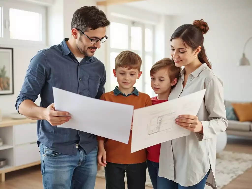 Family reviewing remodeling plans with a contractor, looking at blueprints and samples in a clean, modern home setting