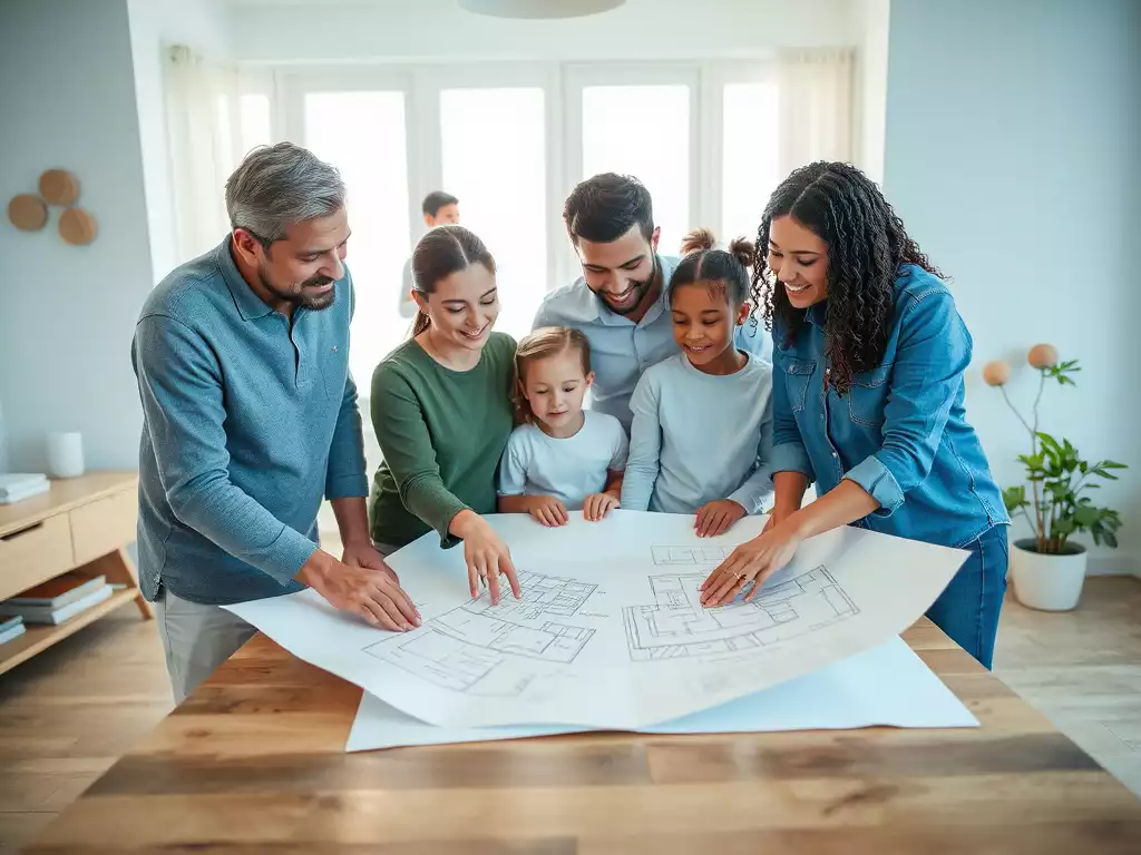 Family reviewing renovation plans on a large blueprint, working together