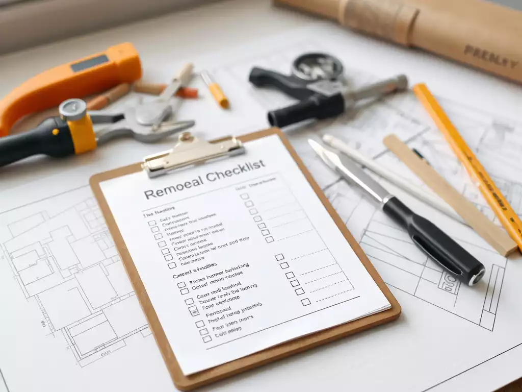Detailed home remodeling checklist on a clipboard with various tools and blueprints in the background