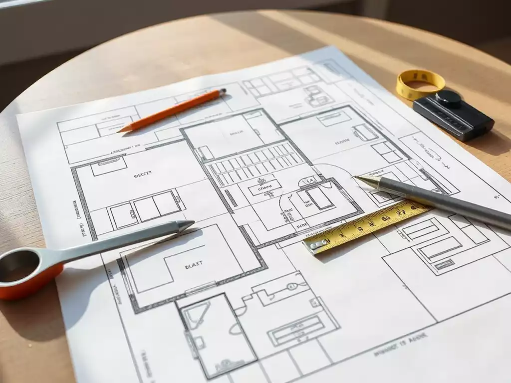 Detailed home remodeling blueprint on a table with measuring tape and tools, focus on planning
