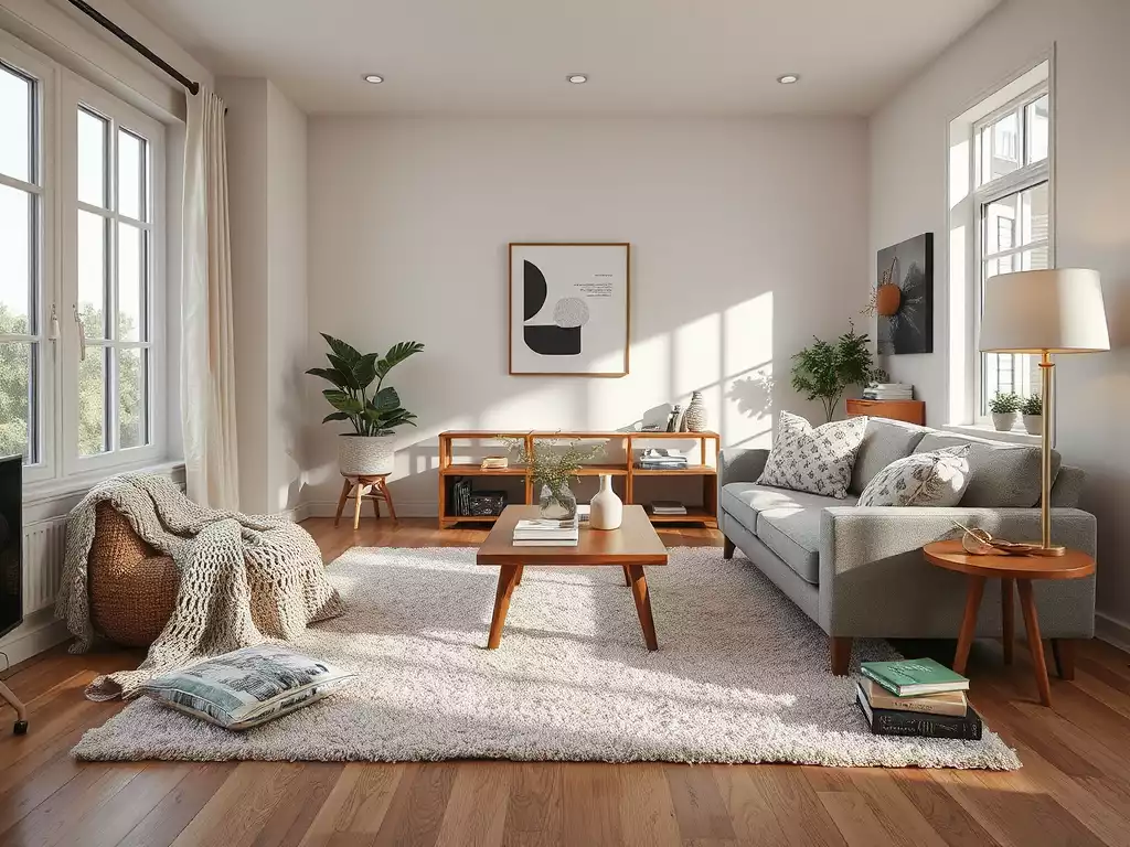 Modern living room with a mix of textures and personalized decor, showcasing coziness