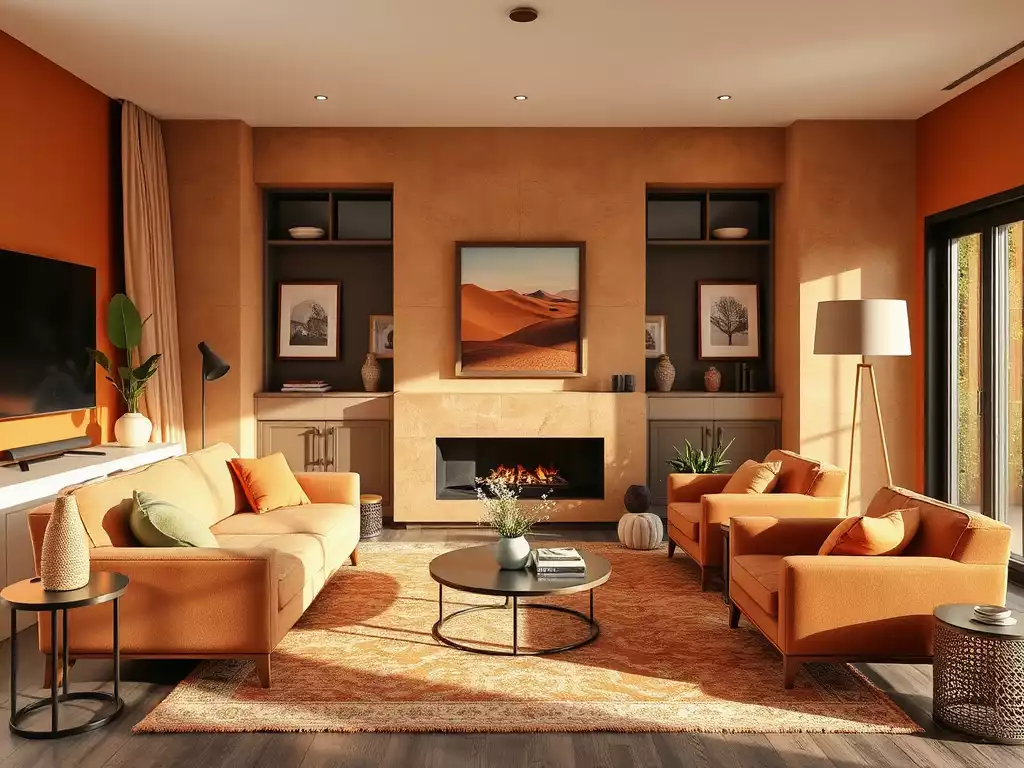 Modern living room with warm earthy color palette, terracotta and olive accents