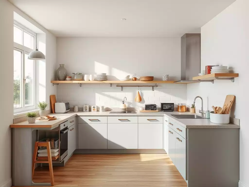 Ergonomic kitchen design showing adjustable counter heights and easily accessible storage
