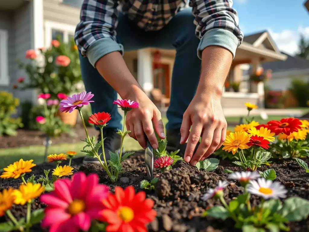 Homeowner planting flowers in a garden bed in front of a house