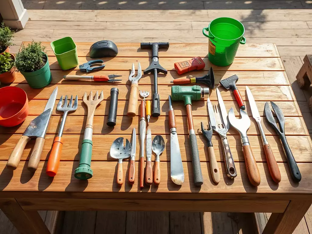 Outdoor tools and gardening equipment laid out on a clean wooden table