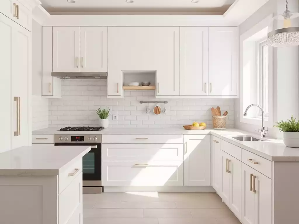 Modern renovated kitchen with freshly painted cabinets and new hardware, no text, no words, no typography