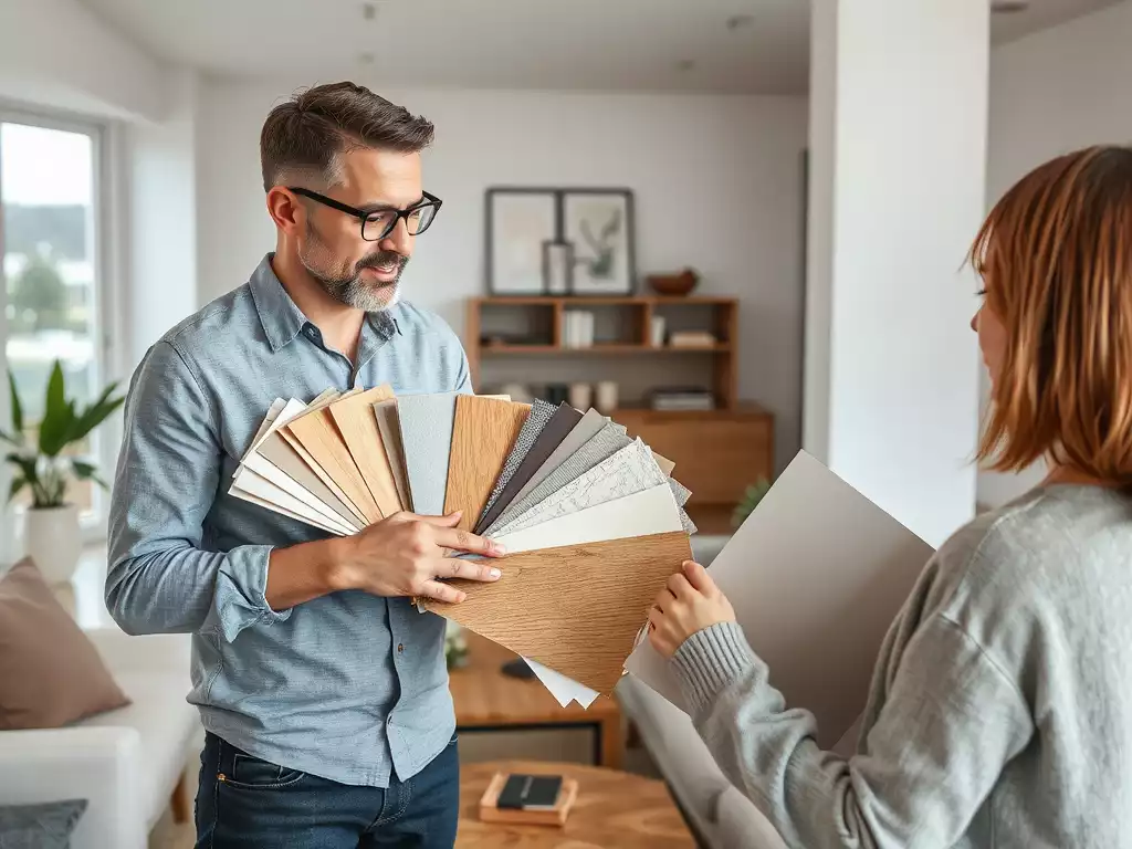 Interior designer presenting material samples to a client, showcasing different textures and colors
