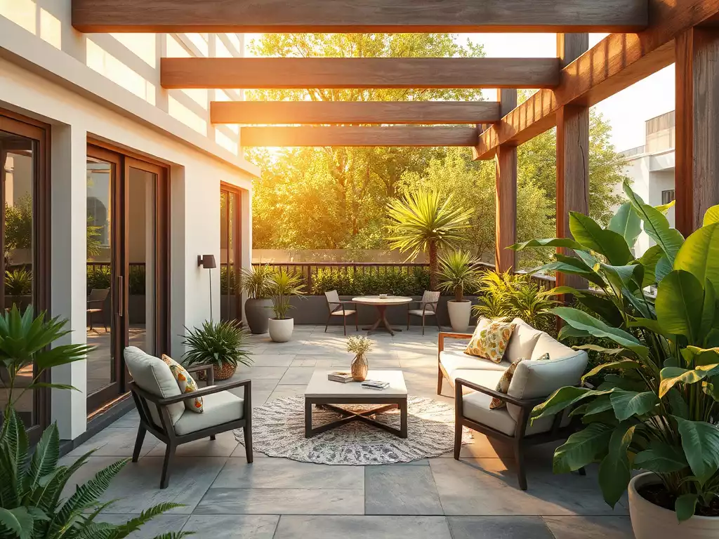 Modern patio with comfortable seating and lush plants, bathed in warm sunlight