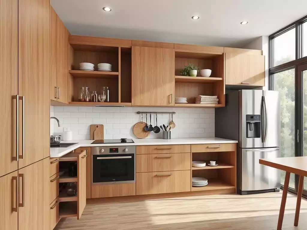 Kitchen interior with smart storage solutions like pull-out shelves and hidden drawers, no text, no words, no typography