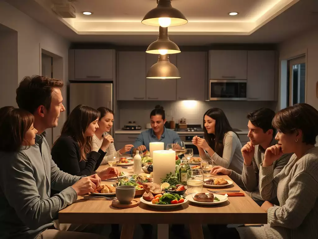 People enjoying a meal in a well-lit modern kitchen, emphasizing functionality and atmosphere