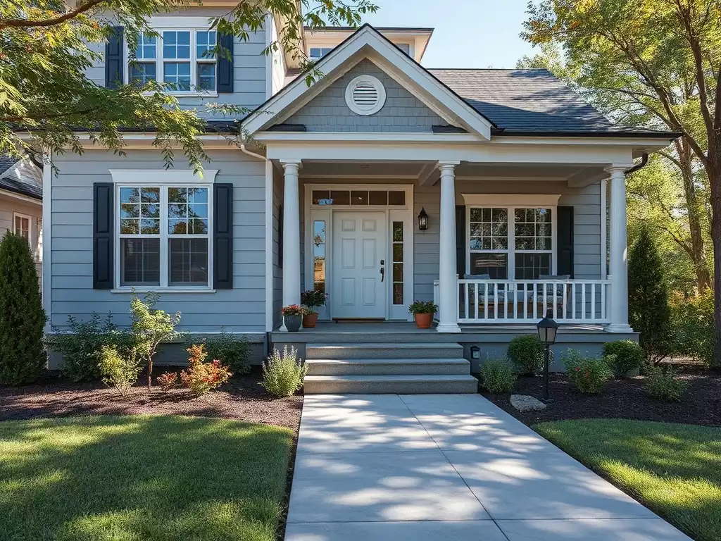 Modern house exterior with well-maintained landscaping and a welcoming porch