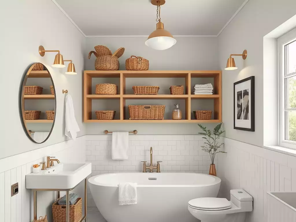 Stylish bathroom with creative storage solutions and modern lighting