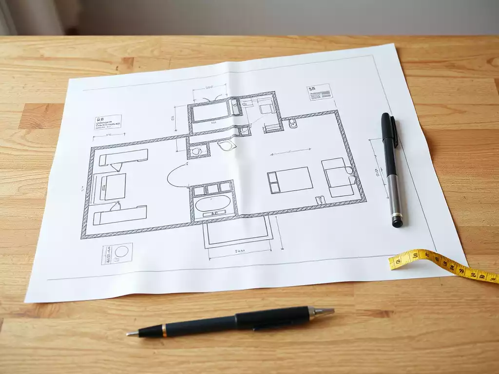 Blueprint of a modern bathroom layout on a desk