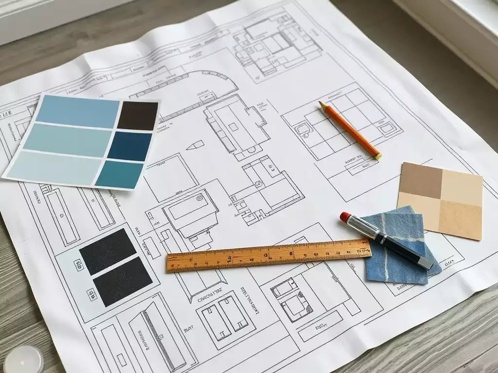 Detailed bathroom remodel plan on a table with design tools