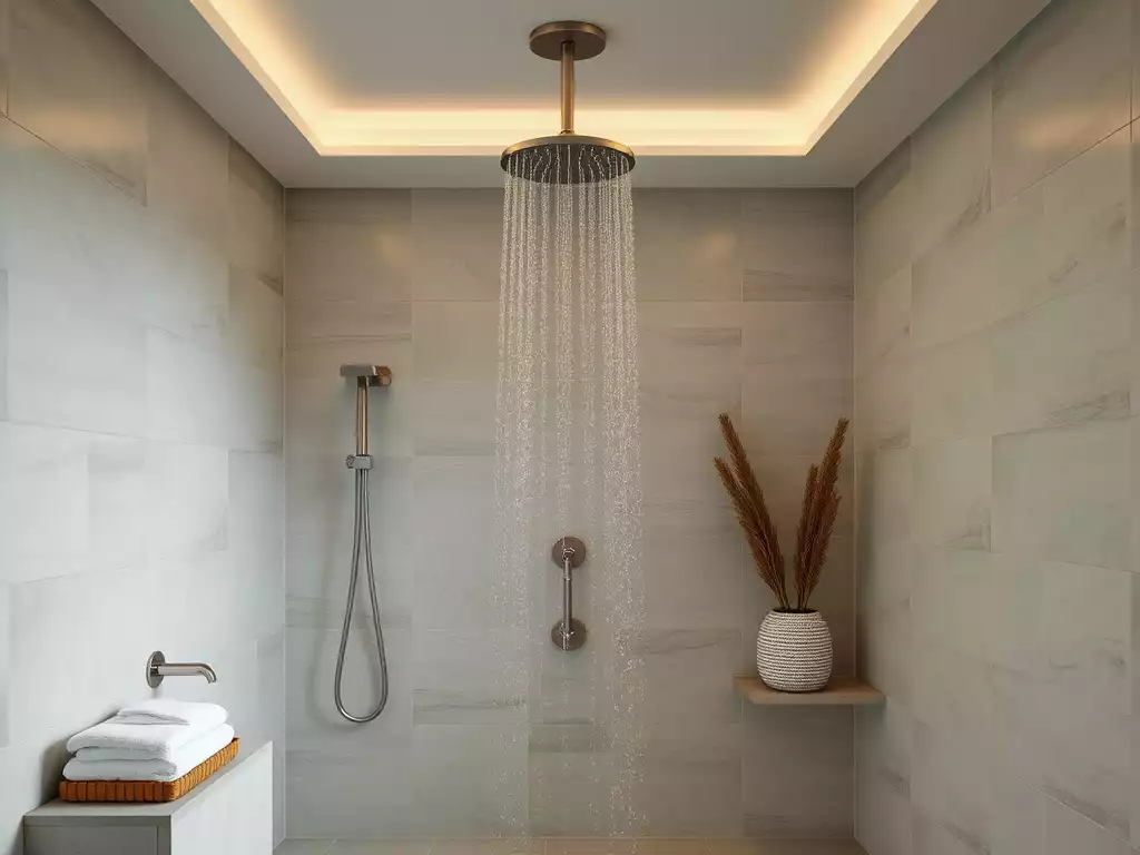 Spa-like bathroom with rainfall showerhead and calming color scheme