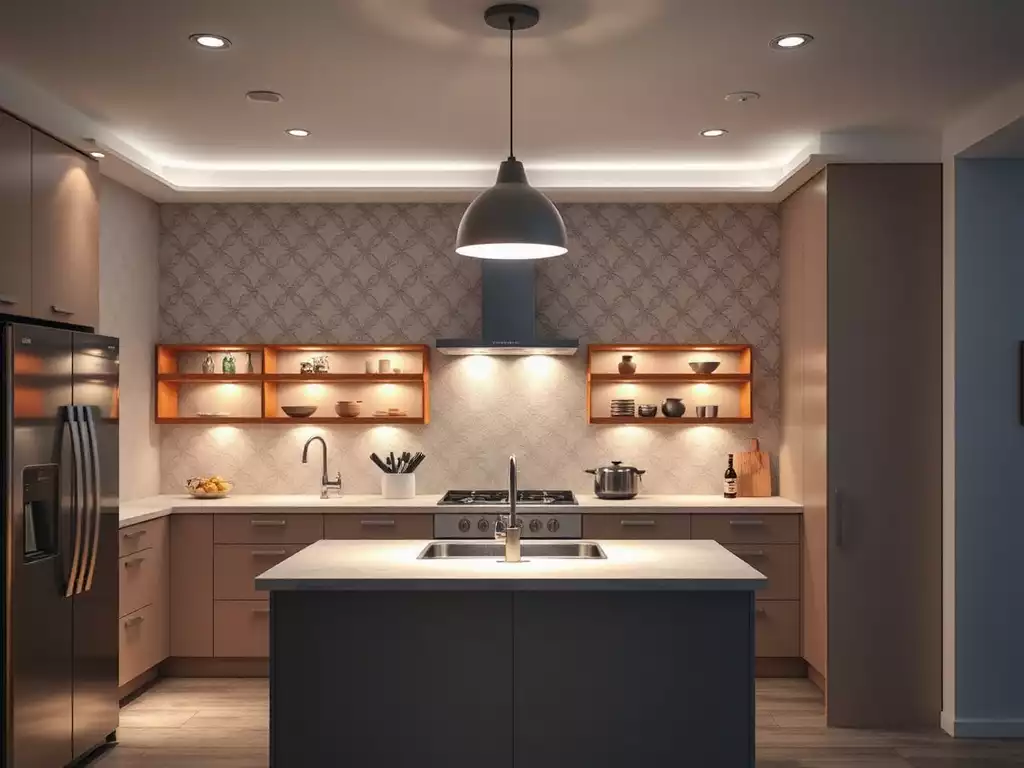 Modern kitchen with various types of lighting, showing general, task, and accent lighting working together